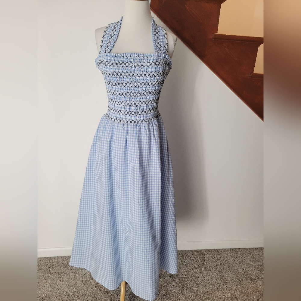 Luminary Fine Collection Blue Gingham Smocked Dress Fit and Flare Size M New